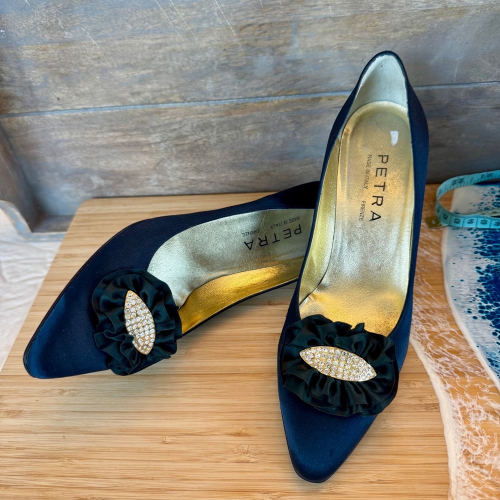 Petra Firenze Navy Satin Pumps 3" Heels Made in Italy Size 8.5 M‎